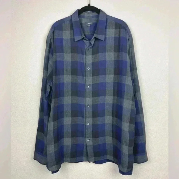 VINCE Men's XL Blue Grey Buffalo Check Button Front Collared Shirt Lightweight - Picture 1 of 12